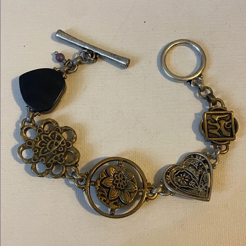 Lucky Brand Bracelet Multi Metal Brass Tone Heart Stone Green Boho Steampunk‎ - Image 6