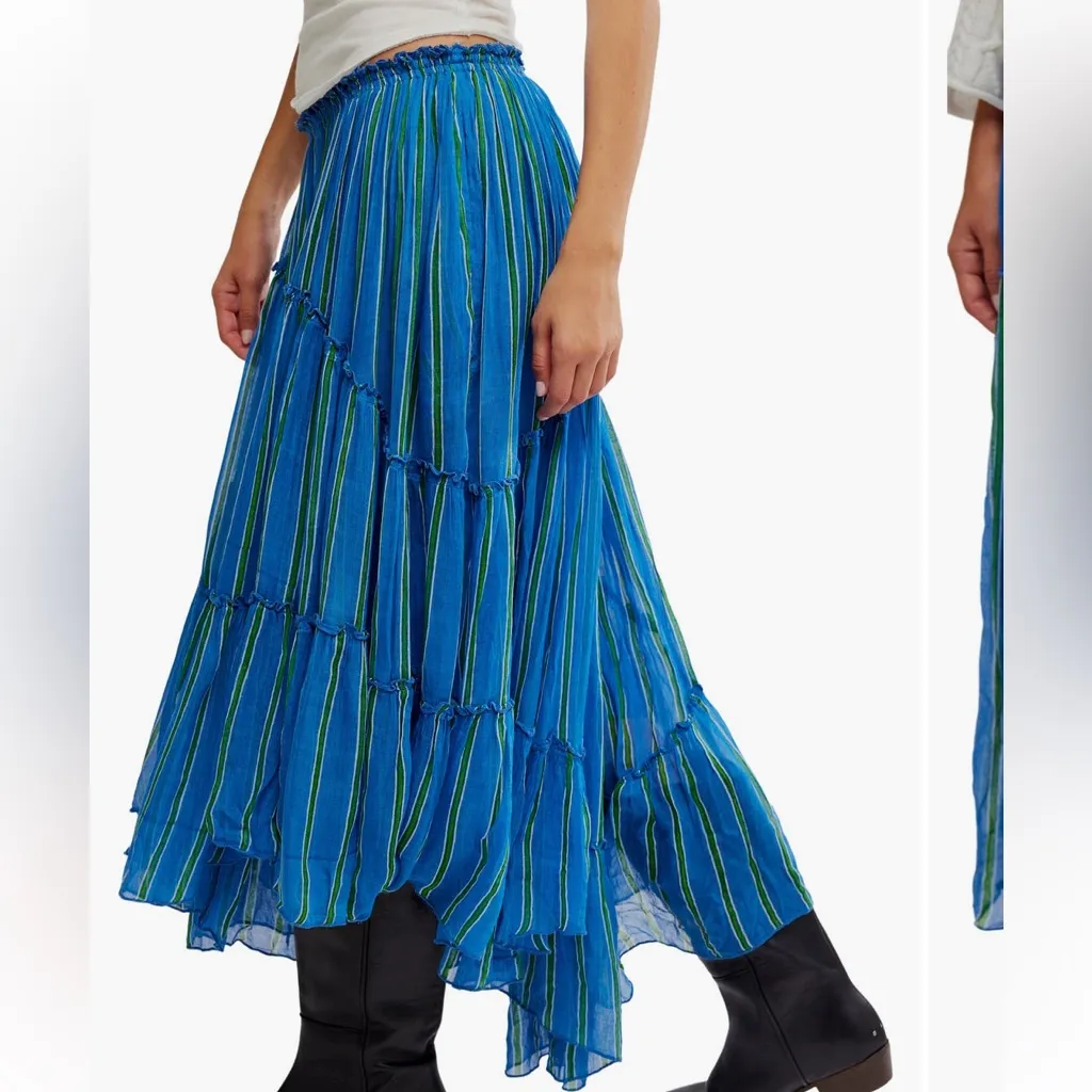 Free People Ember Tiered Stripe Midi Skirt in blue marina Small $128 - Image 6