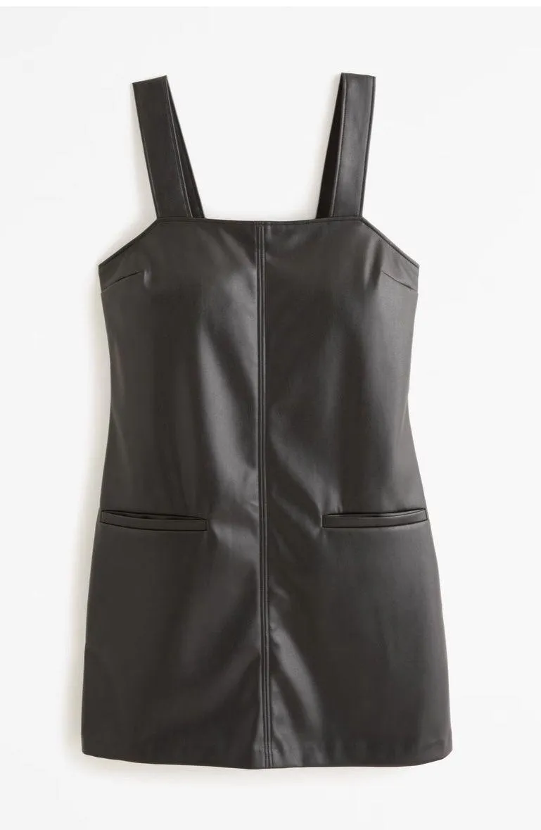 Black Faux Leather Front Pocket Mini Shift Dress Layering - Image 2