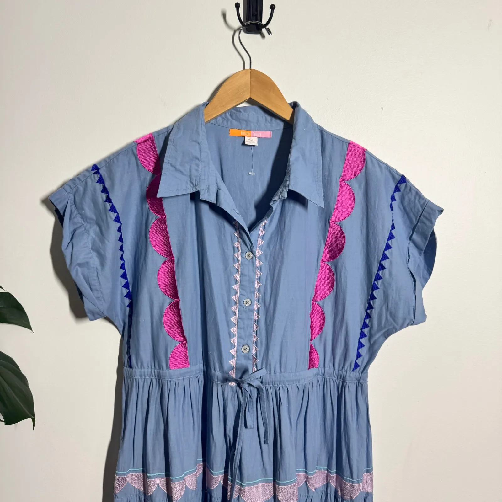 Briton Court Dress Women Blue Embroidery Preppy Cottage Modest Teacher Artsy Size L - Image 3