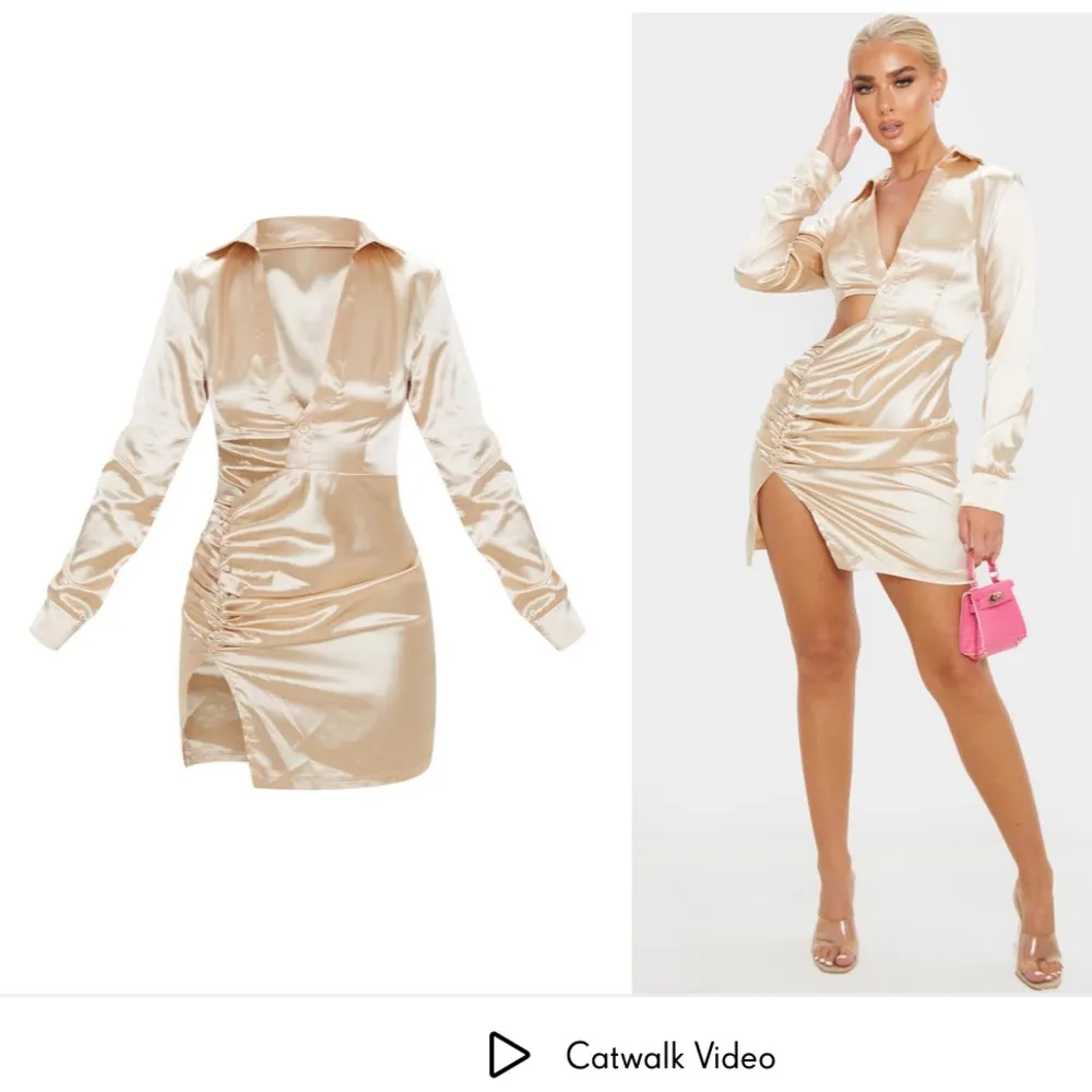 Plt prettylittlething Champagne Satin Cut Out Ruched Shirt Dress size us 6 - Image 2