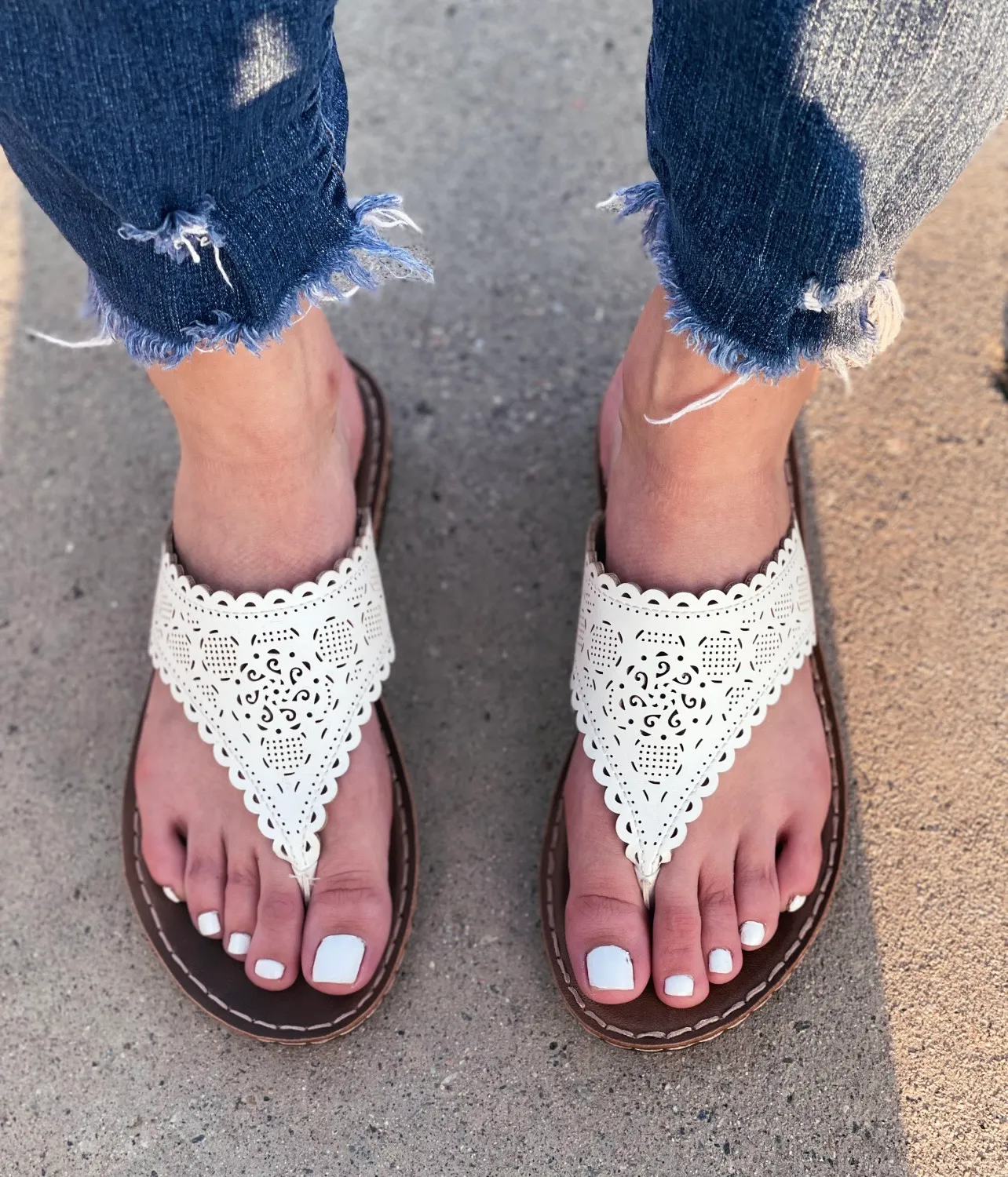 White Vegan Leather Laser Cut Detail Sandal Size 7.5 - Image 2