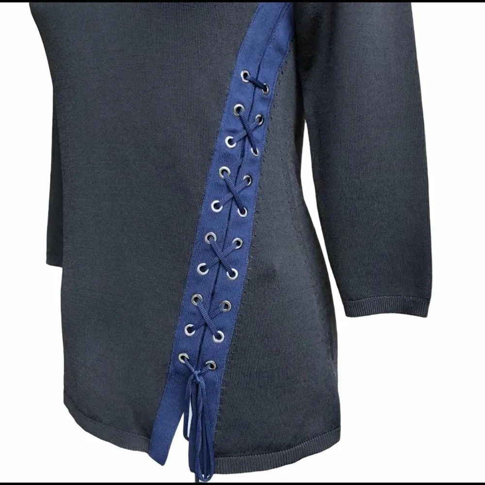 White House Black Market Black Blue Side Lace Up Top Size XS - Image 3