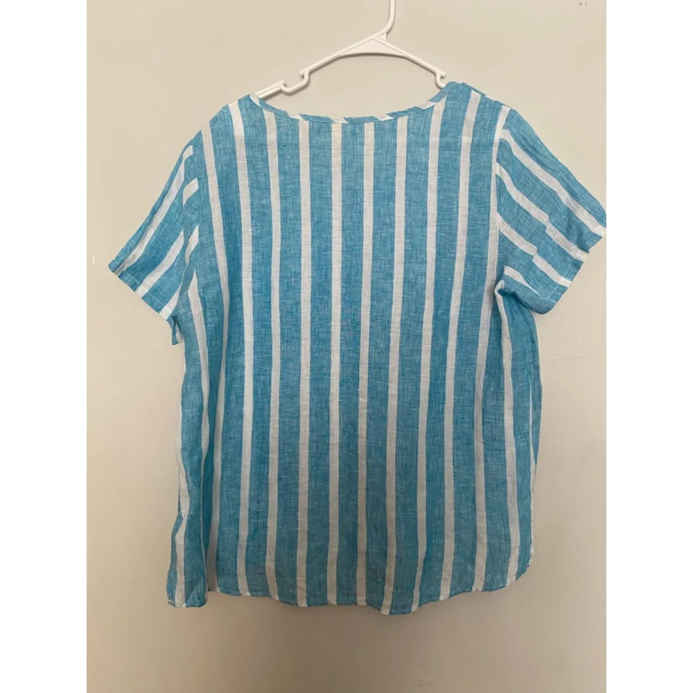 Christian Siriano 100% Linen Blouse Striped Light Blue July 4th Preppy Boho Vaca Size L - Image 3