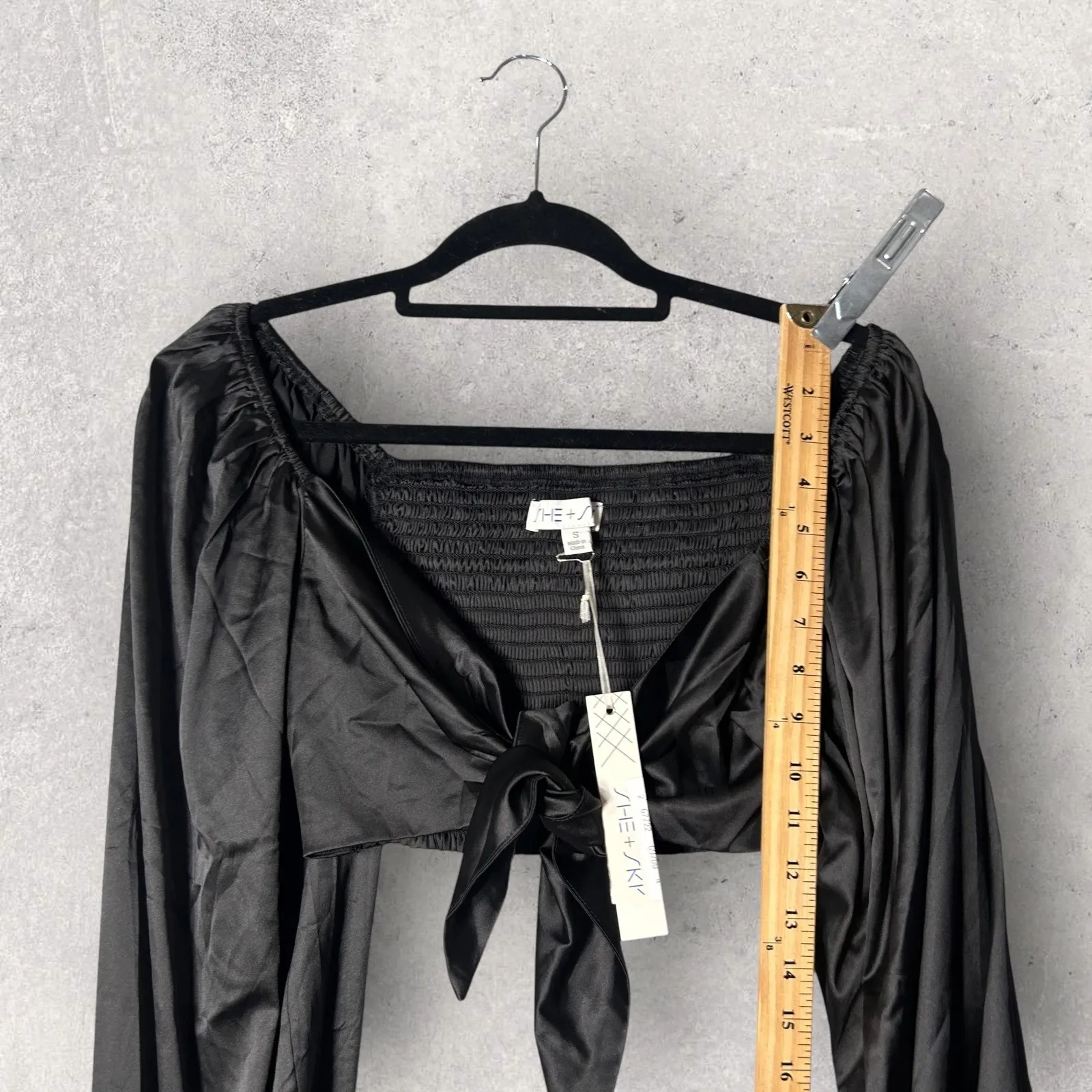 NEW She‎ + Sky Black Crop Top Tie Front Womens S Long Sleeve Blouse Dressy Party - Image 5