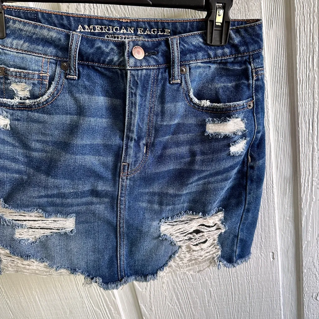 American Eagle Outfitters Distressed Denim Highest Rise Mini Skirt - Dark Blue - Image 2