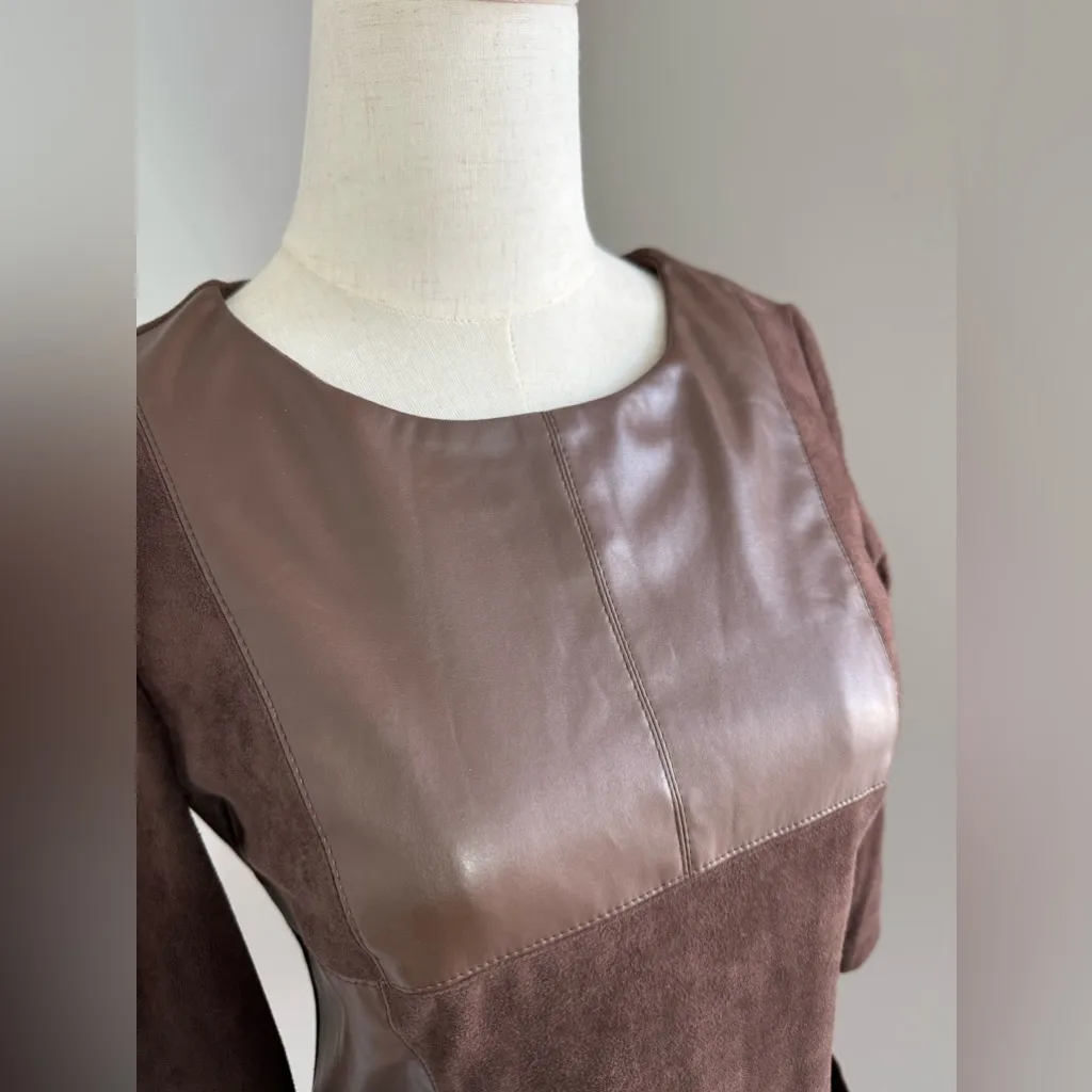Women’s Brown mix suede and faux leather mini dress in size small - Image 4