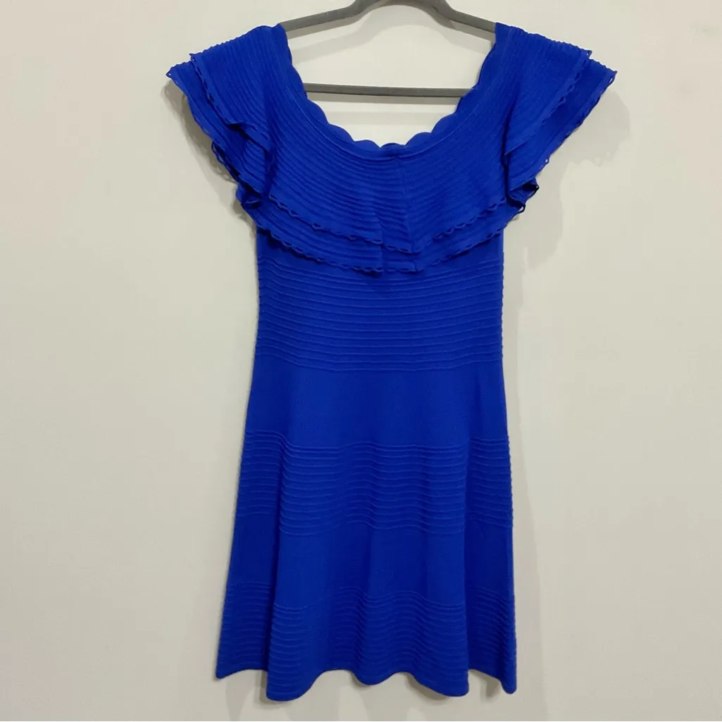 Eliza J Royal Blue Mini Dress Sz Lg Stretch Knit Ruffle Neckline - Image 7