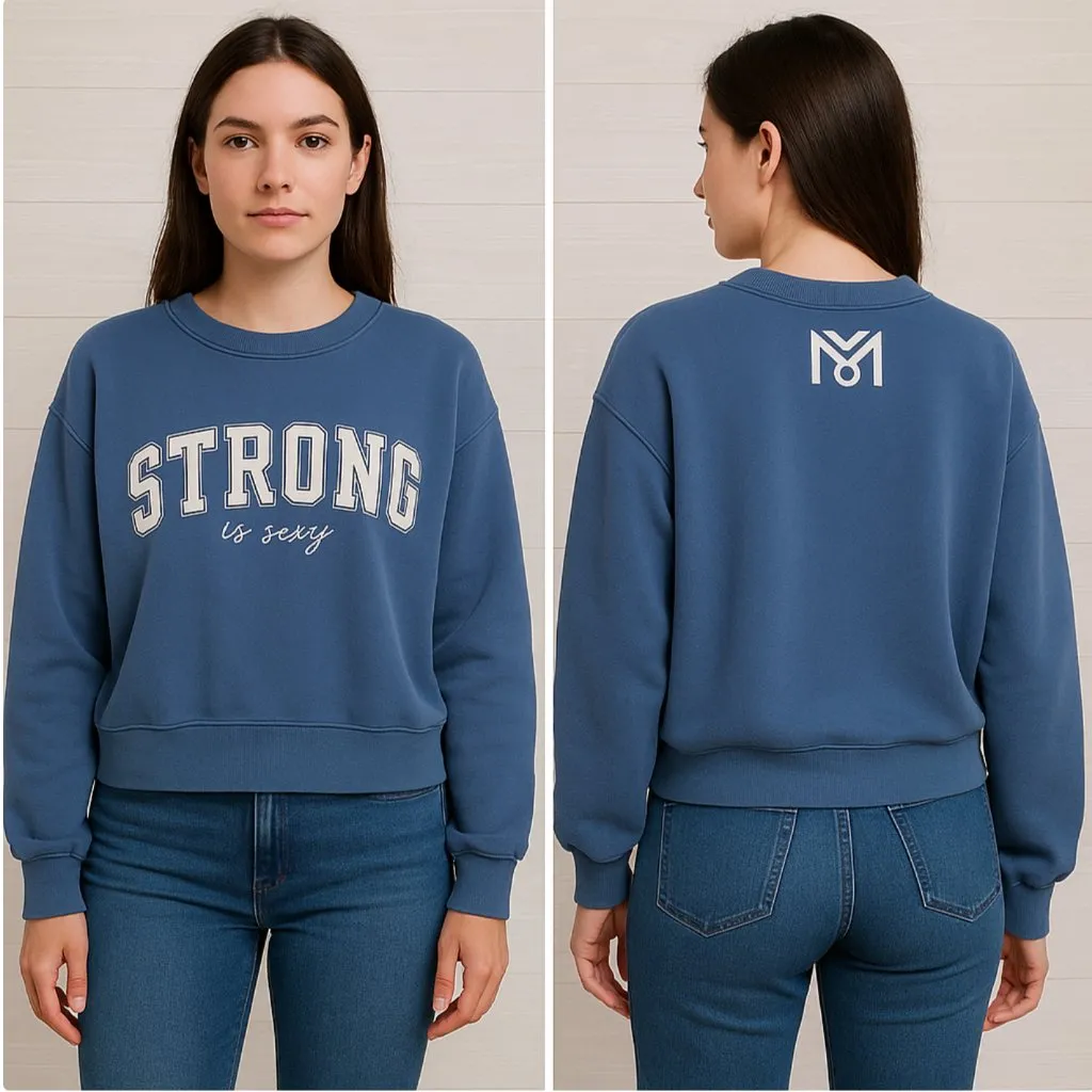 Women's Stylish Blue Oversized Pullover Sweatshirt with 'Strong is Sexy' Print Size L - Image 2