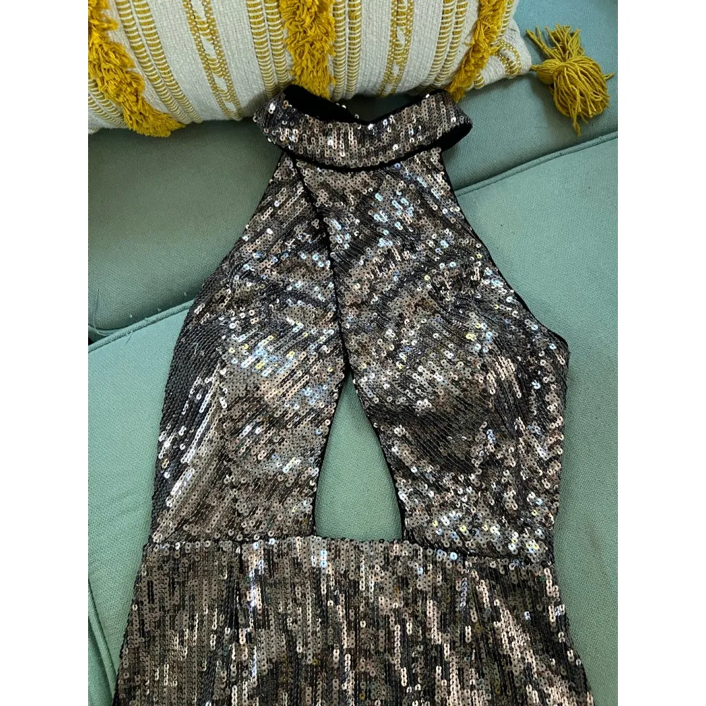 Women's X by NBD Silver Sequin Halter Mini Dress S - Image 2