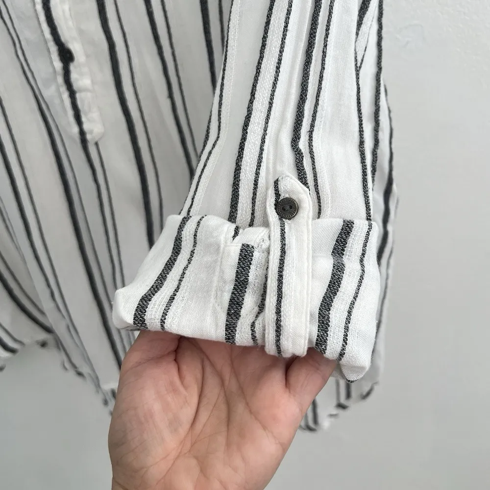 Lucky Brand Buttons Henley Top Shirt Black Striped Roll Tab Sleeve Womens NEW - Image 3