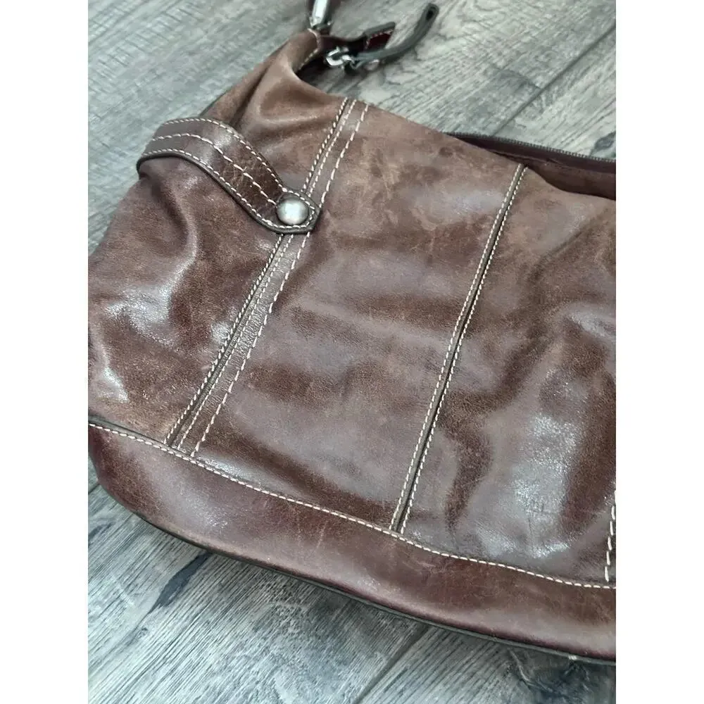 Vintage Fossil Soft Chocolate Brown Pebbled Leather Shoulder Bag Handbag Purse - Image 4
