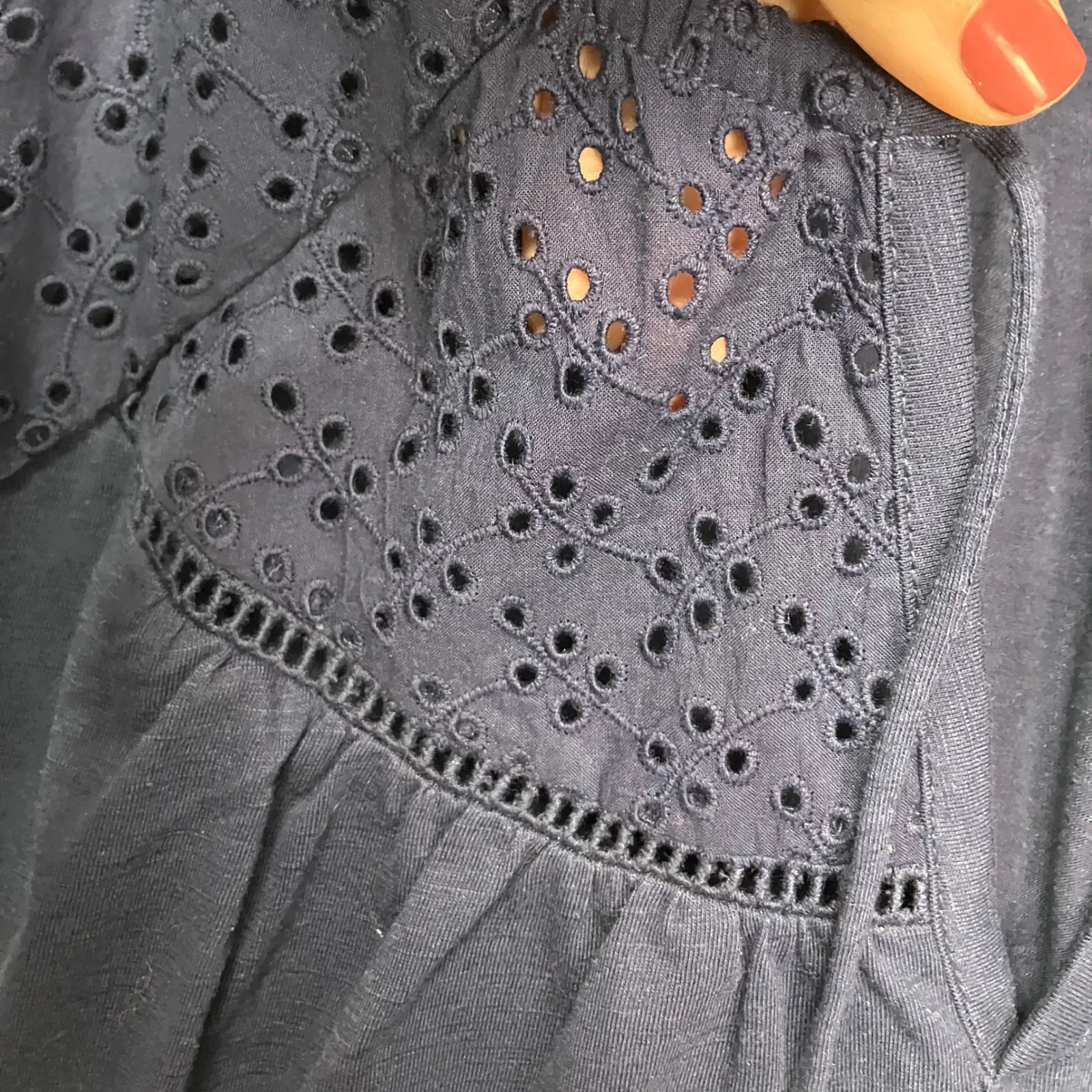 Lane Bryant‎ Navy Blue Eyelet Blouse Plus Size 22 24 3/4 Sleeve V Neck Tie - Image 3