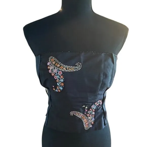 Black Floral Embellished Corset Top | Adjustable Straps |Paisley Detail - Image 2