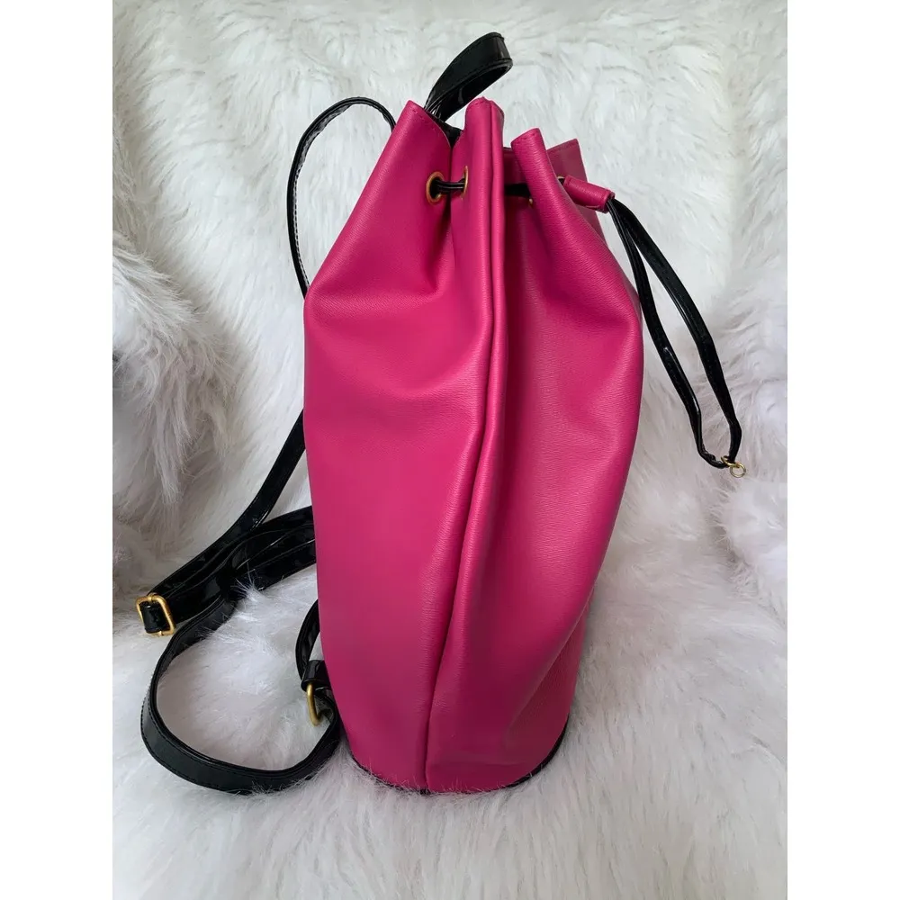 Juicy Couture Pink Black Faux Leather Bucket Drawstring Backpack Gold Accent Y2K - Image 6