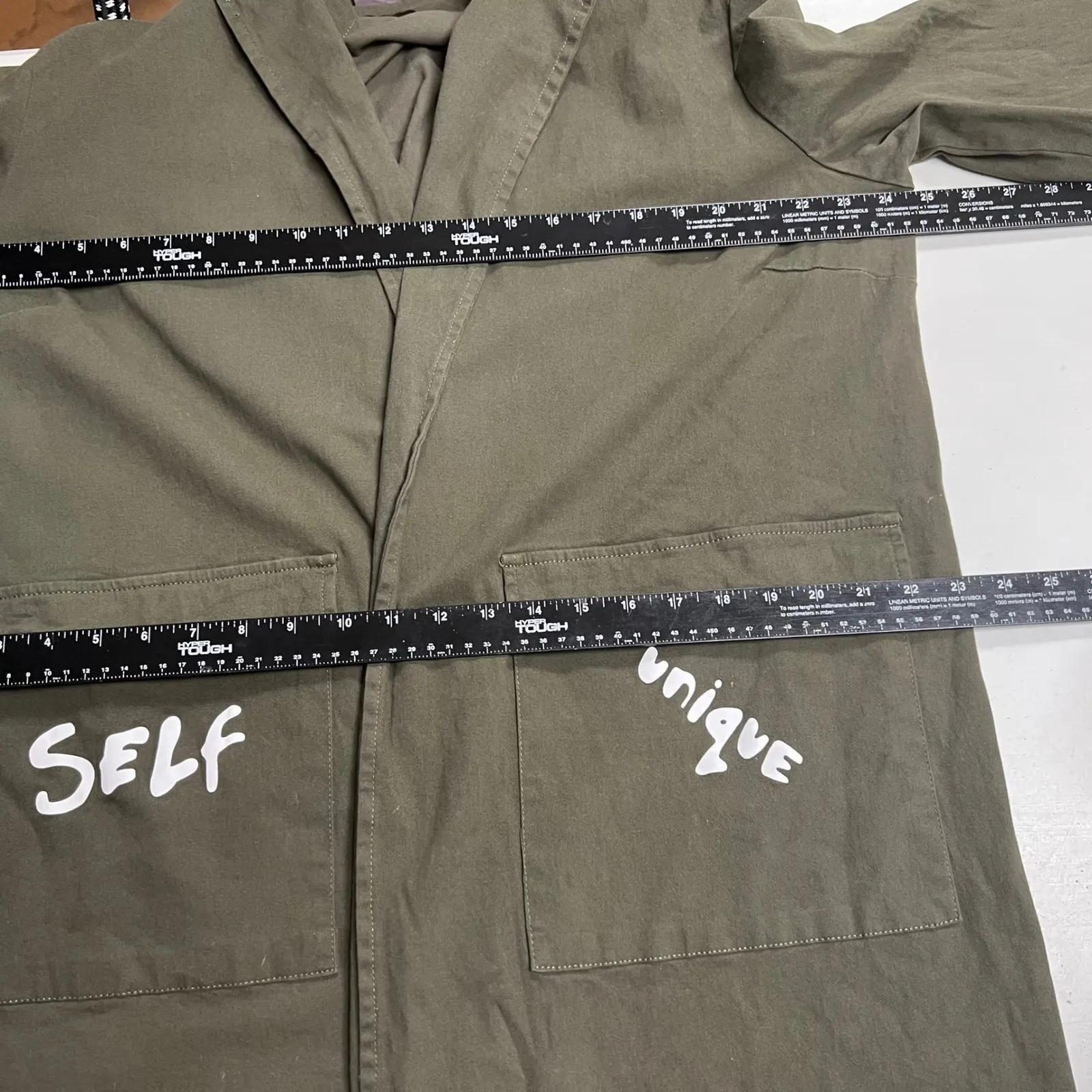 Olive Green Duster Jacket Proud Unique Self Graffiti Cotton Blend 3X SEE DESCRIP - Image 8