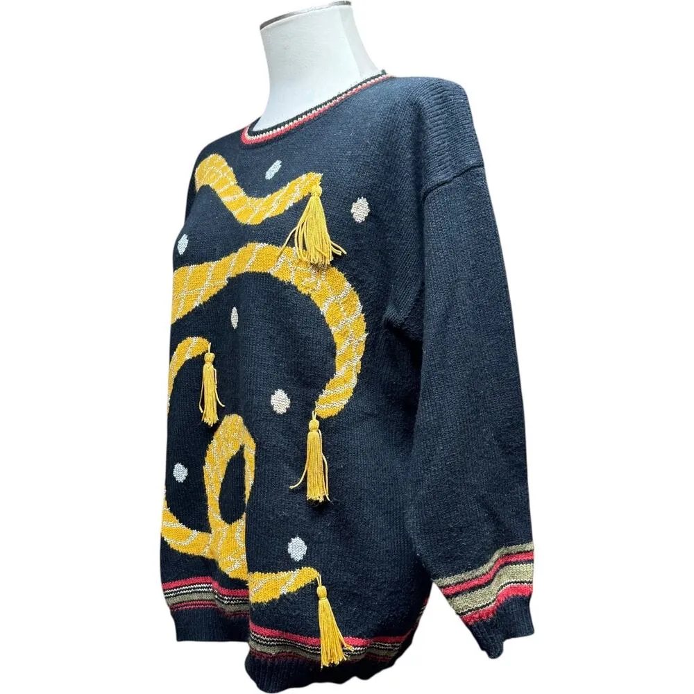 Sue Brett Collection Vintage Tassel Sweater Black Red Gold Silver Medium - Image 2