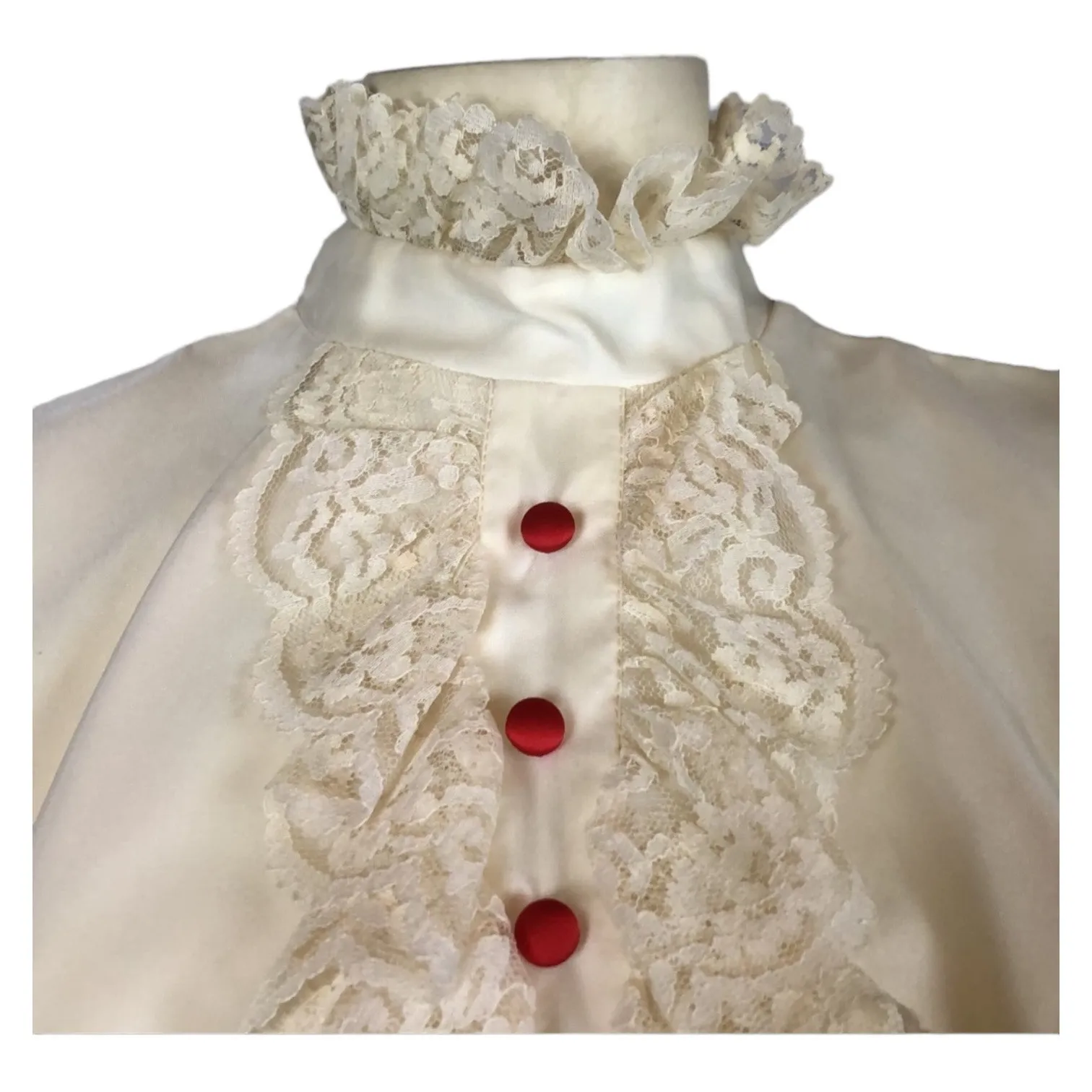 1970s Prairie Victorian Maxi Dress Sheer Sleeves Lace Bib & Red Bow small- med - Image 9