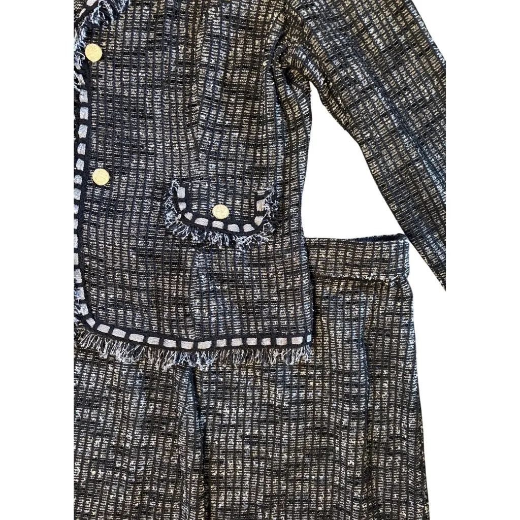 $646 Misook XL Tweed Fringe Skirt Jacket Suit Set Stretch Knit Black Gray Boucle - Image 9