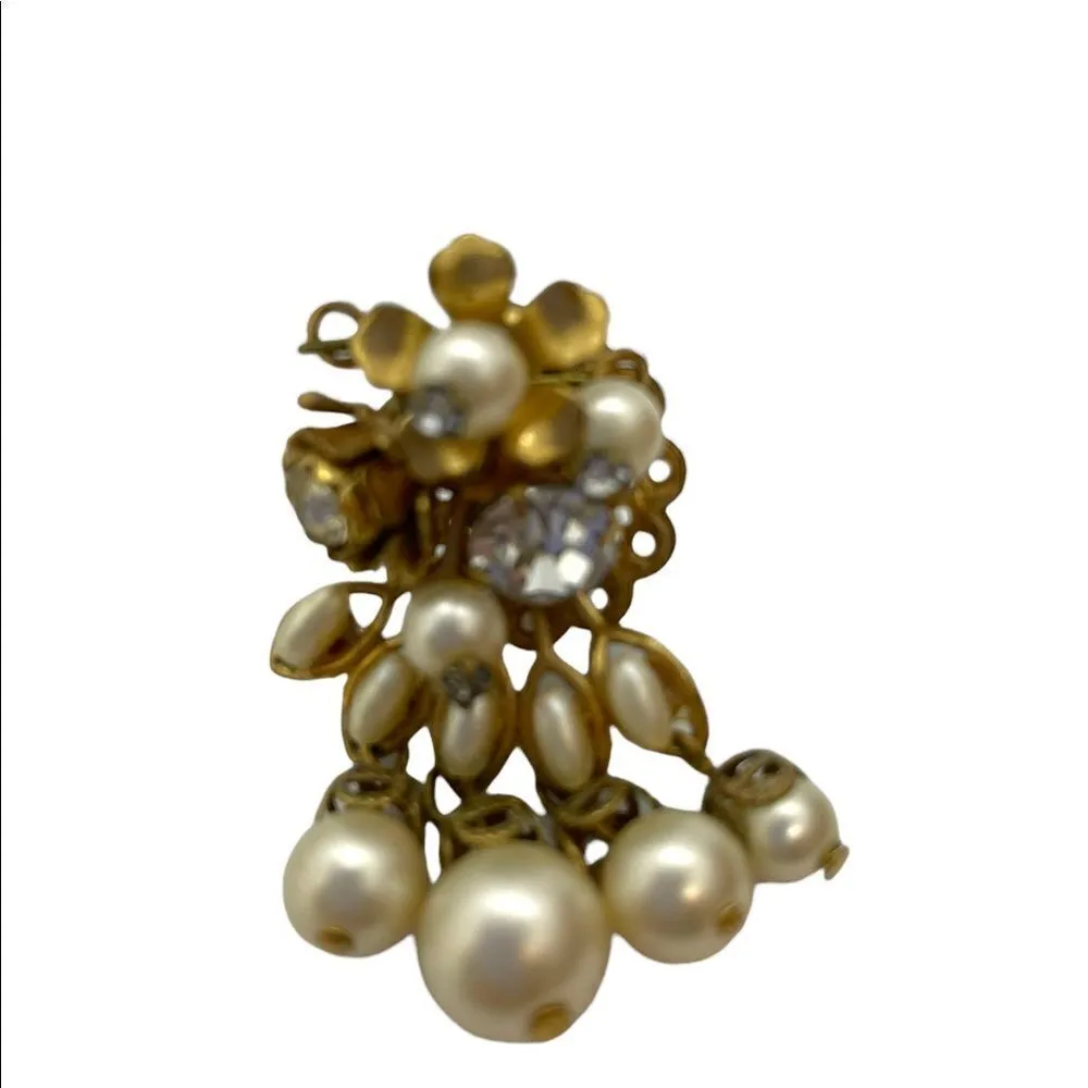 Vintage Pearl Rhinestone Gold Clip Earrings Miriam Haskell Design - Image 5