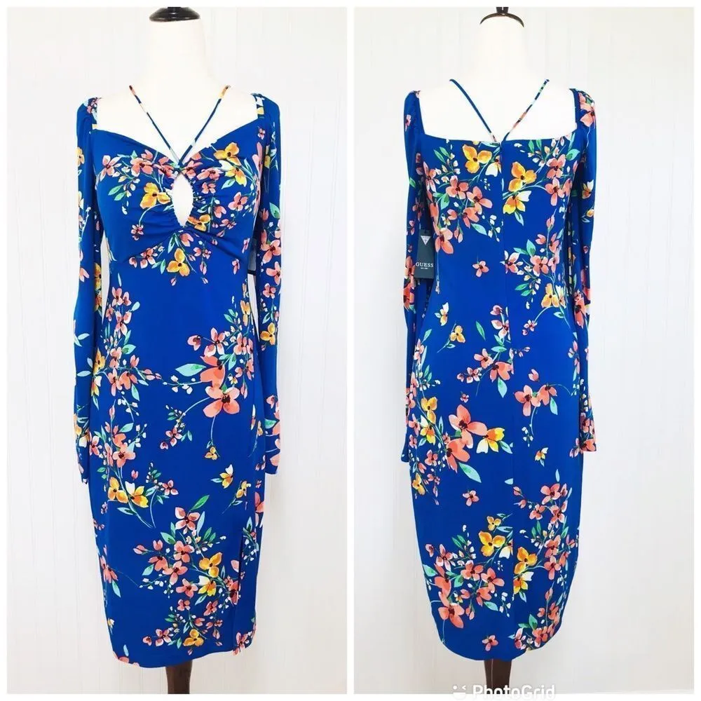 GUESS Blue Floral Cutout Bodycon Dress Long Sleeve‎ Knee Length Slit Size 10 New - Image 2