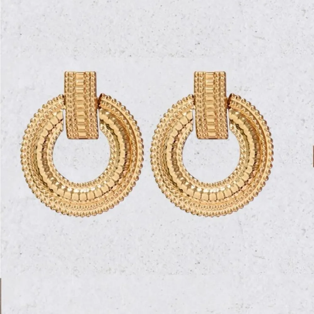 3 for $25 Textured Metal Round Drop Earrings Gold - Image 3