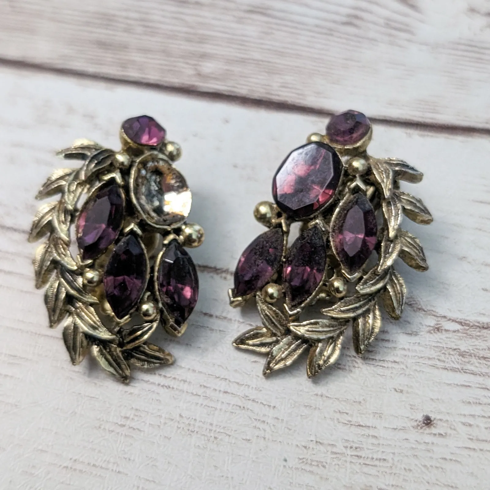 Vintage Clip On Earrings Large Statement with Purple Gems - Image 4