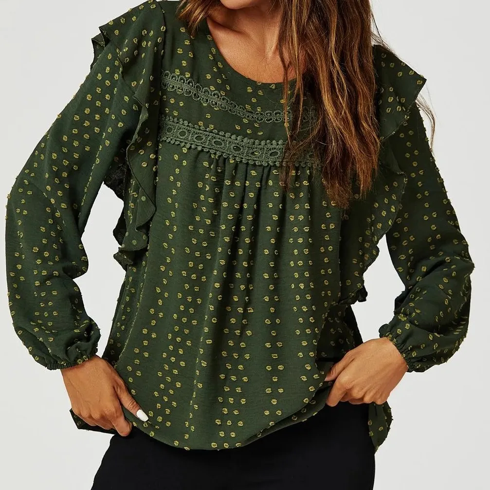 My Color Blue Boho Green Ruffles Blouse Dots Twee Casual Fall Medium - Image 9