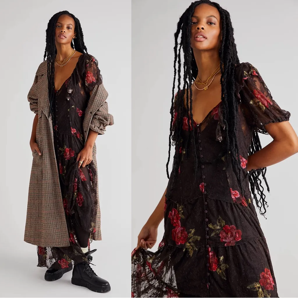 Free People • Hollis Dress maxi brown floral lace mesh Coca Cola tiered ruffle - Image 7