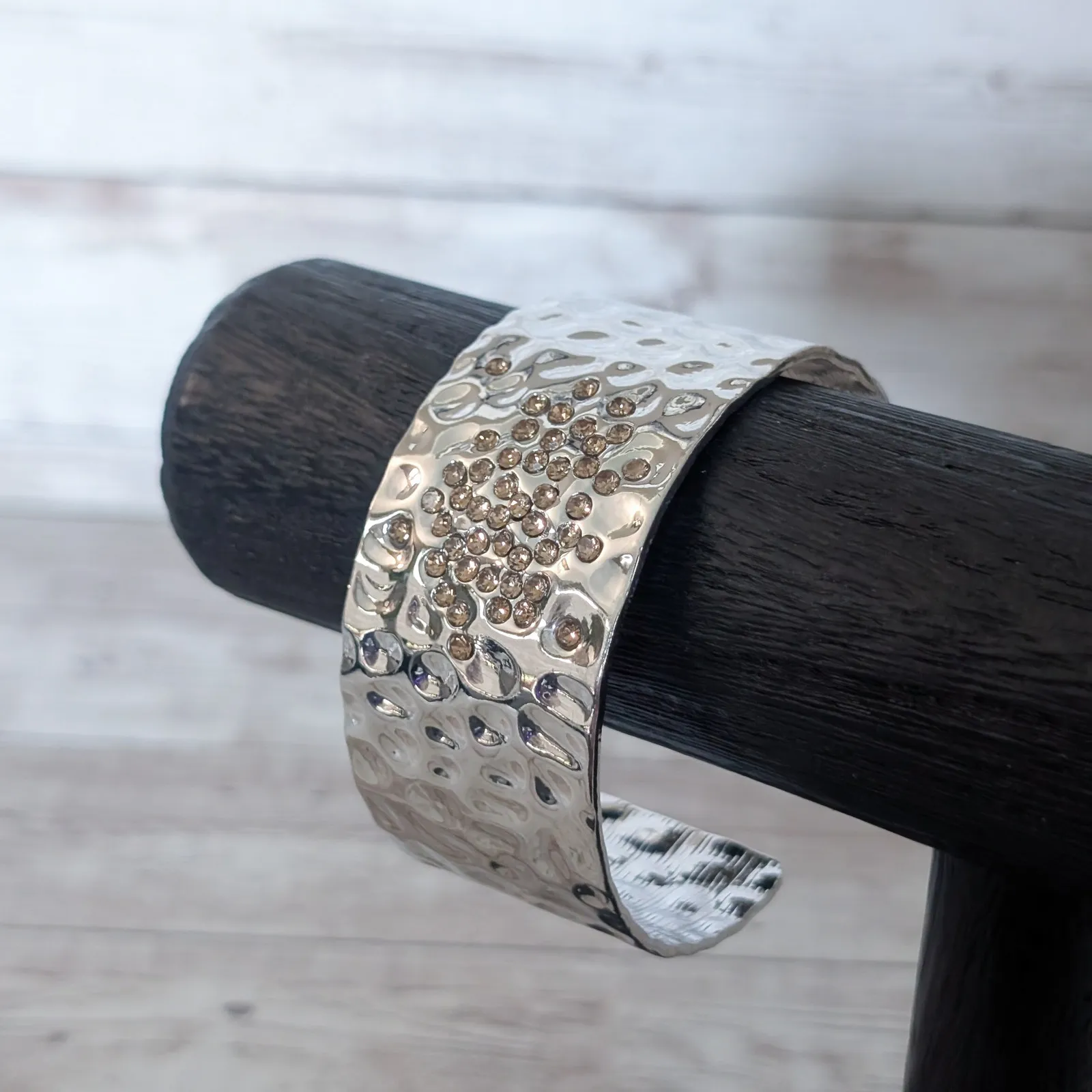 Chunky Silver Tone Cuff Bracelet with Bronze Tone Gems Statement - Image 3