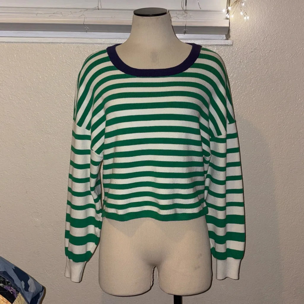 ANTHRO Daily Practice Green White Stripe Navy Round Neck Top $98 EUC M - Image 10