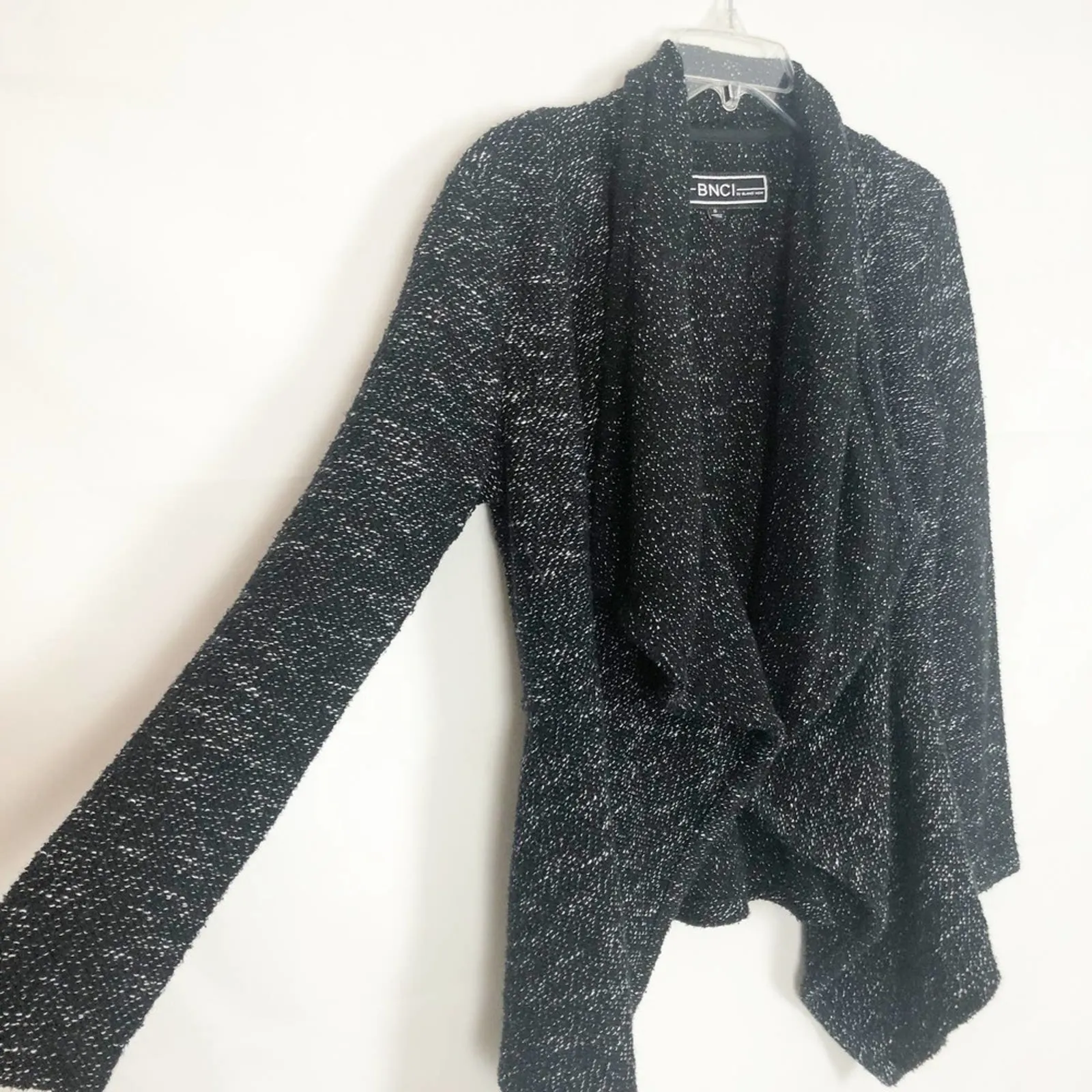 BNCI by Blanc Noir Tweed Drape Front Shawl Collar Cardigan Sweater Size Small Black - Image 7