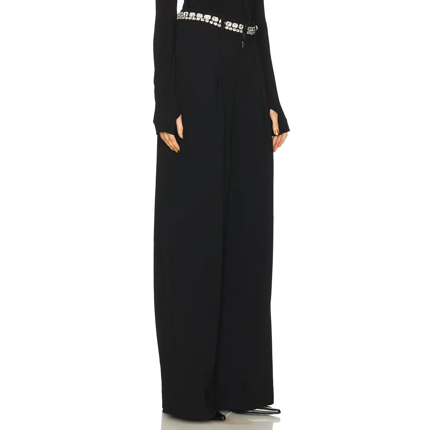 Cinq a Sept Rhinestone Chain Genna Black Crepe Wide Leg Pant Size 2 - Image 2