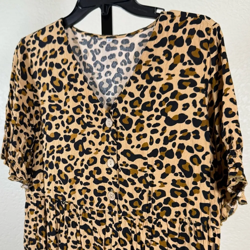 Animal Print Button Front Babydoll Top Short Sleeve Relaxed Fit Tunic Medium Tan - Image 3