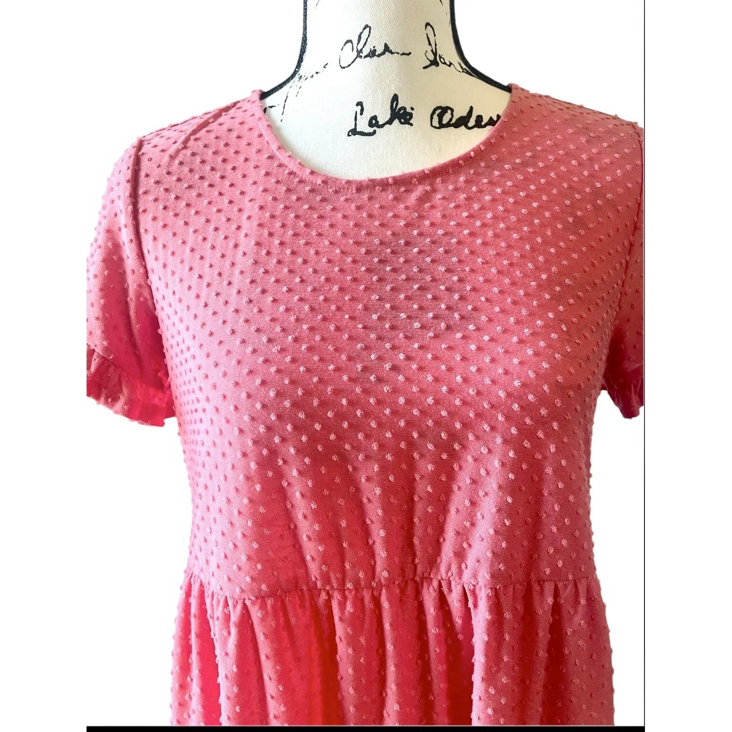 Sugar + Lips Coral Pink Swiss Dot‎ Tiered Babydoll Dress Women's Small - Image 2