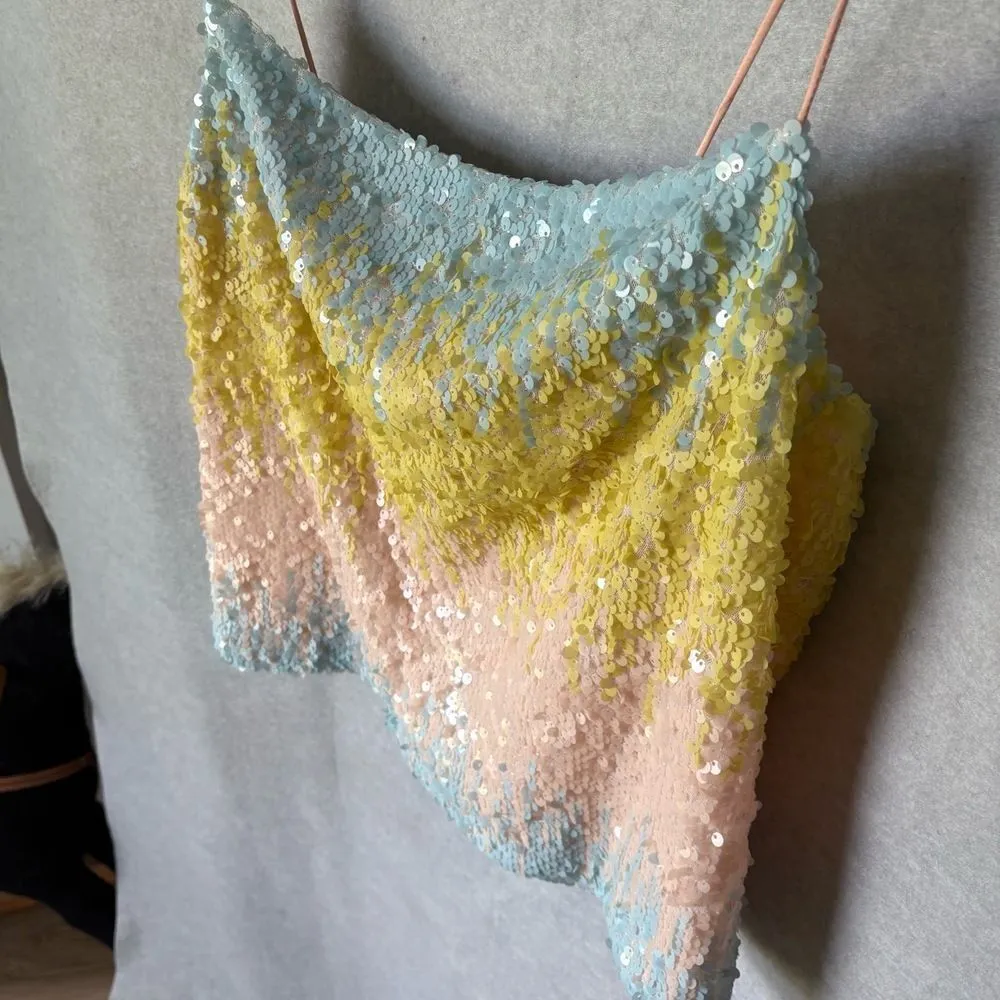 Endless Rose Top Large Multicolor Sequin Gradient Spaghetti Straps Party Festive - Image 3