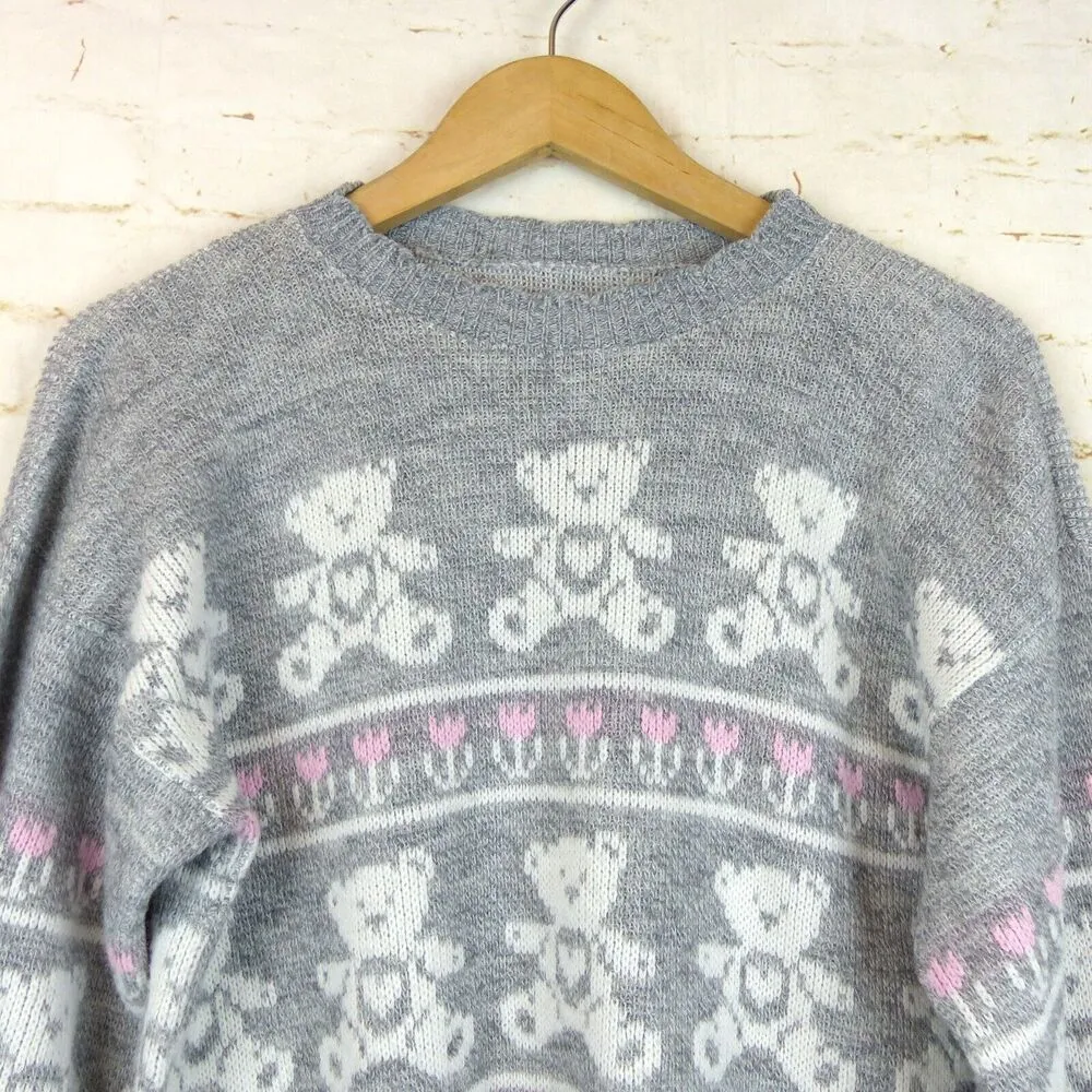 VTG 80s Adele Sweater Womens L Gray Pink Teddy Bears Floral Kidcore Kawaii USA Size L - Image 2