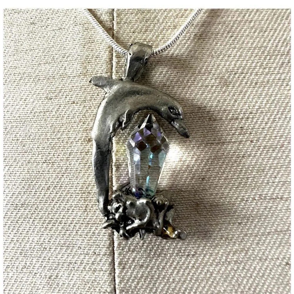 Silver tone crystal dolphin pendant necklace - Image 3