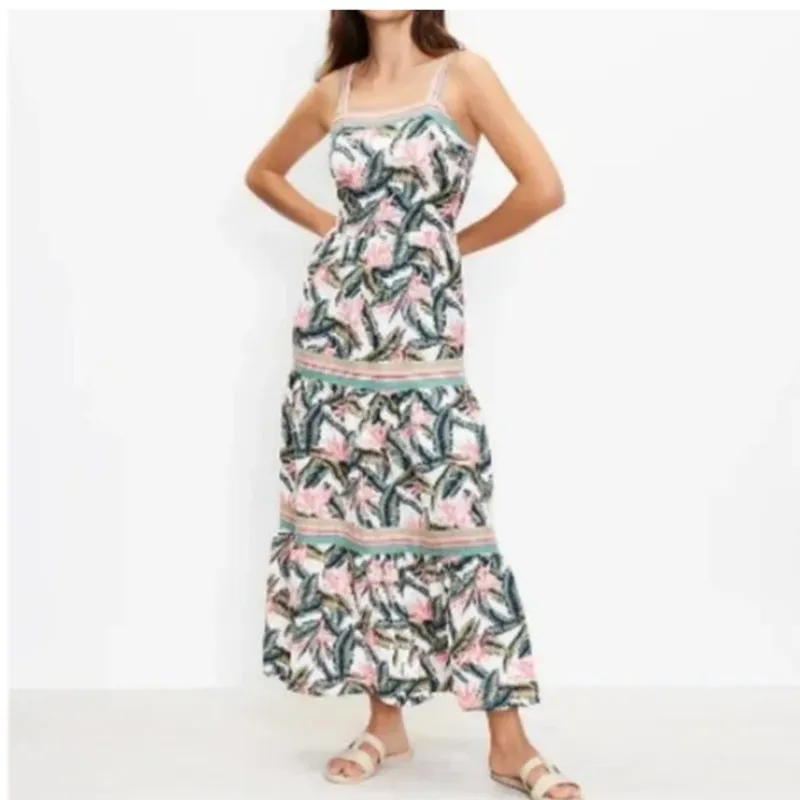 LOFT Linen Blend Tropical Floral Tiered Maxi Dress Size 6 Resort Vacation - Image 9