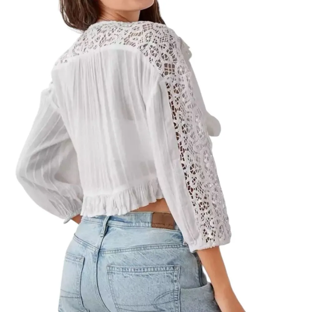 NWT American Eagle White Tie Front Crochet Crop Top Size Large - Image 2
