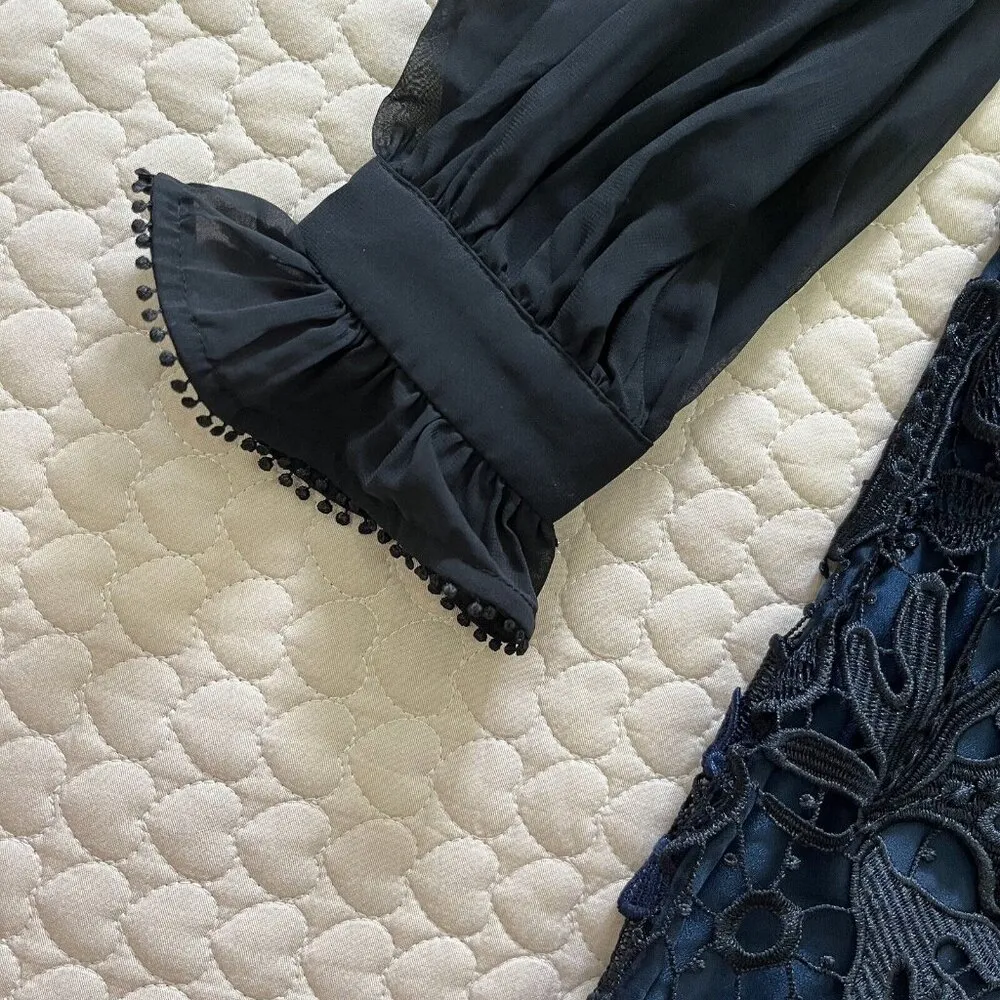 NWT Self Portrait Navy 3D Cold Shoulder Floral Guipure LACE Mini Dress Sz 8 - Image 9