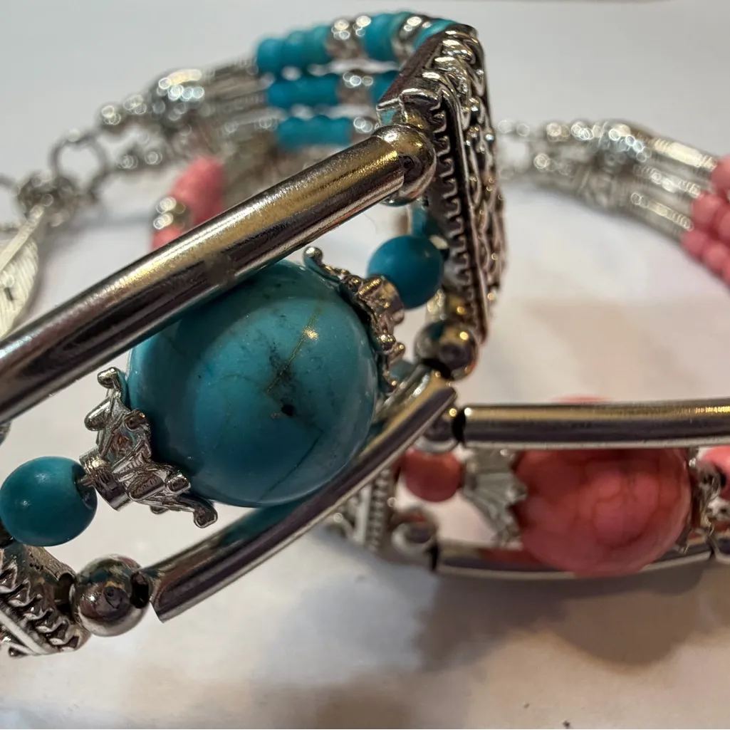 Turquoise and Pink Beaded Bracelet Set Blue - Image 2