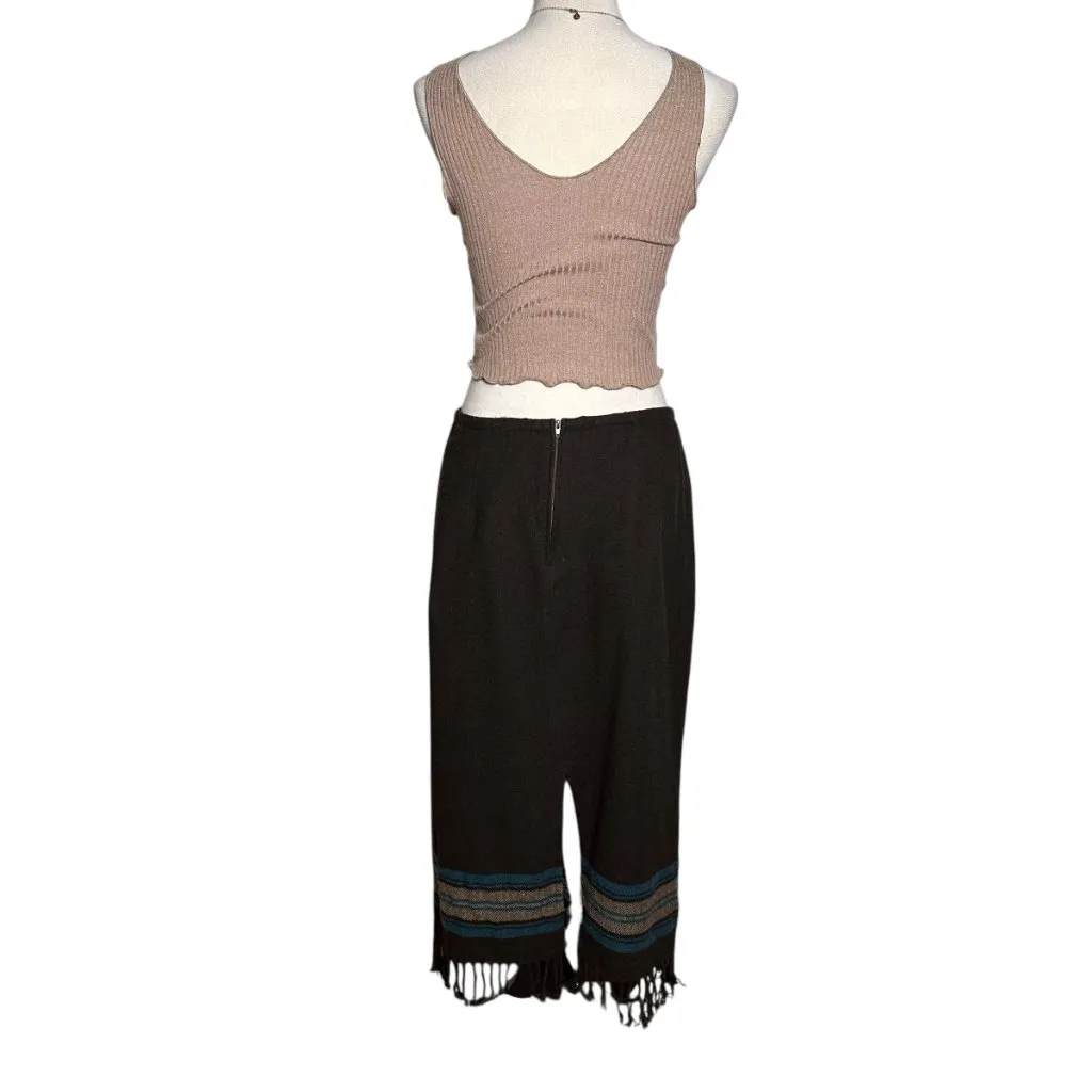 Vintage Boho Fringe Midi Skirt Brown Size M - Image 6