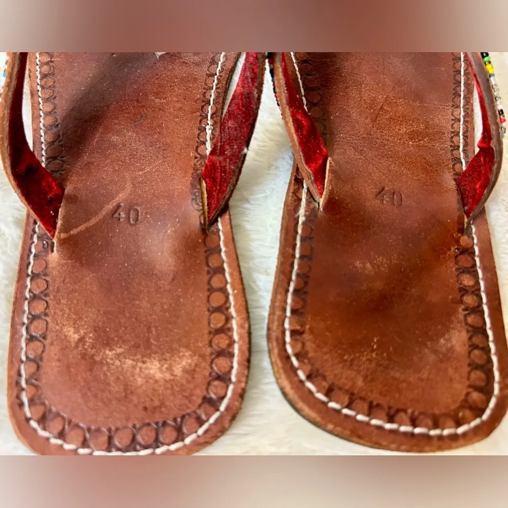 African Maasai Multicolored Beaded Flip Flop Sandals Size 40/9 Brown - Image 6