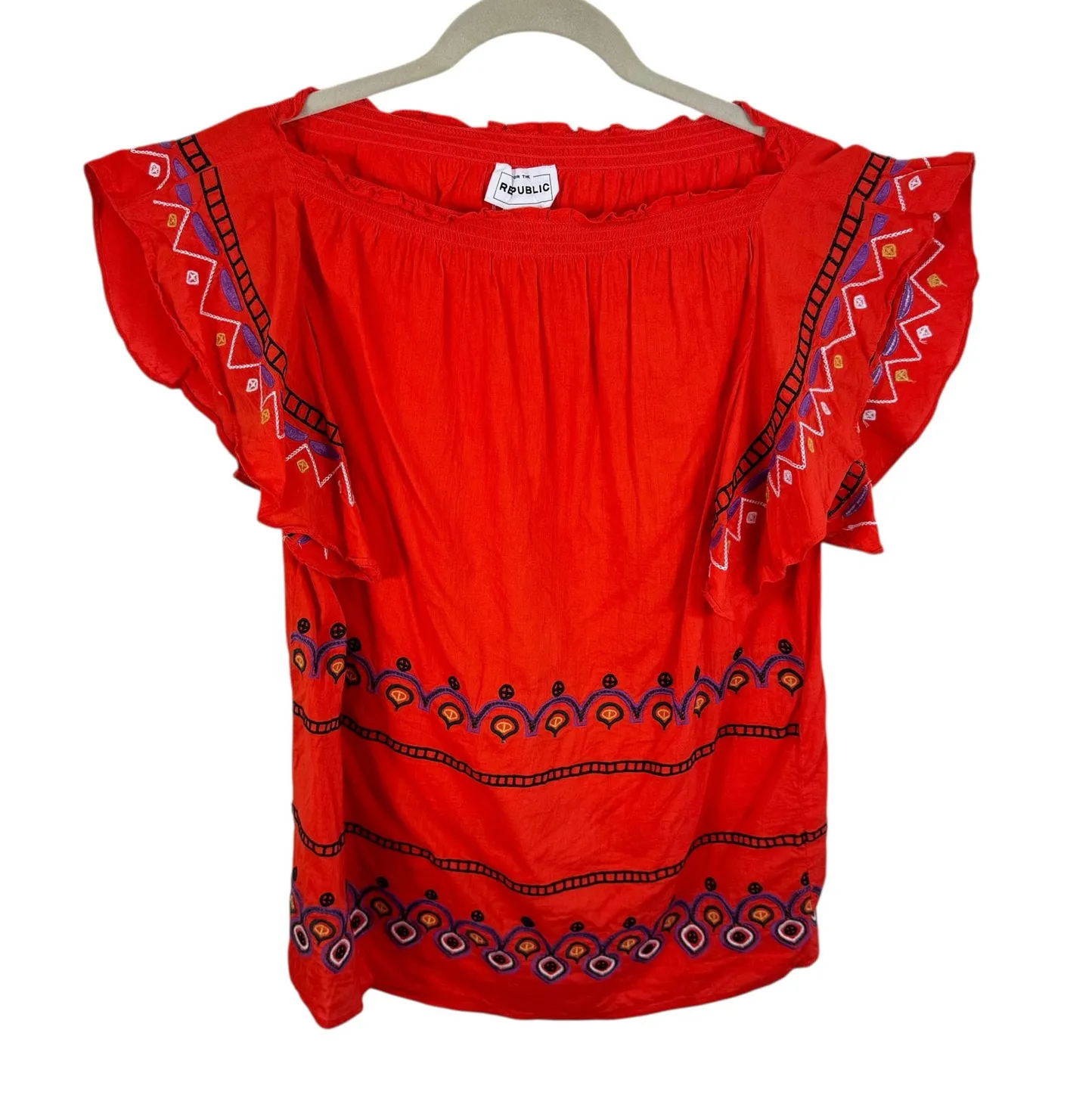 For The Republic Cotton Viscose Red Embroidered Flutter Sleeve Blouse Size S - Image 1