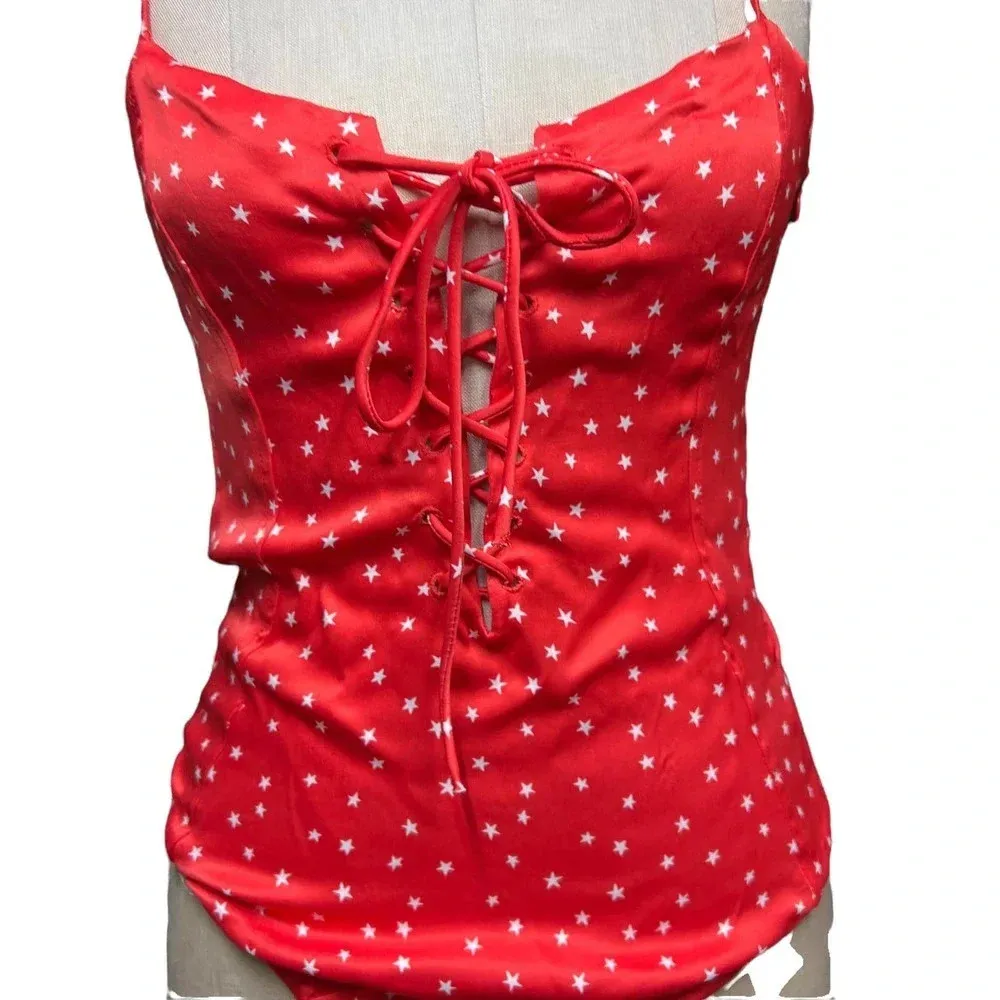 Zara Satin Effect Lace Up Star Bodysuit Red White Size‎ Medium - Image 3