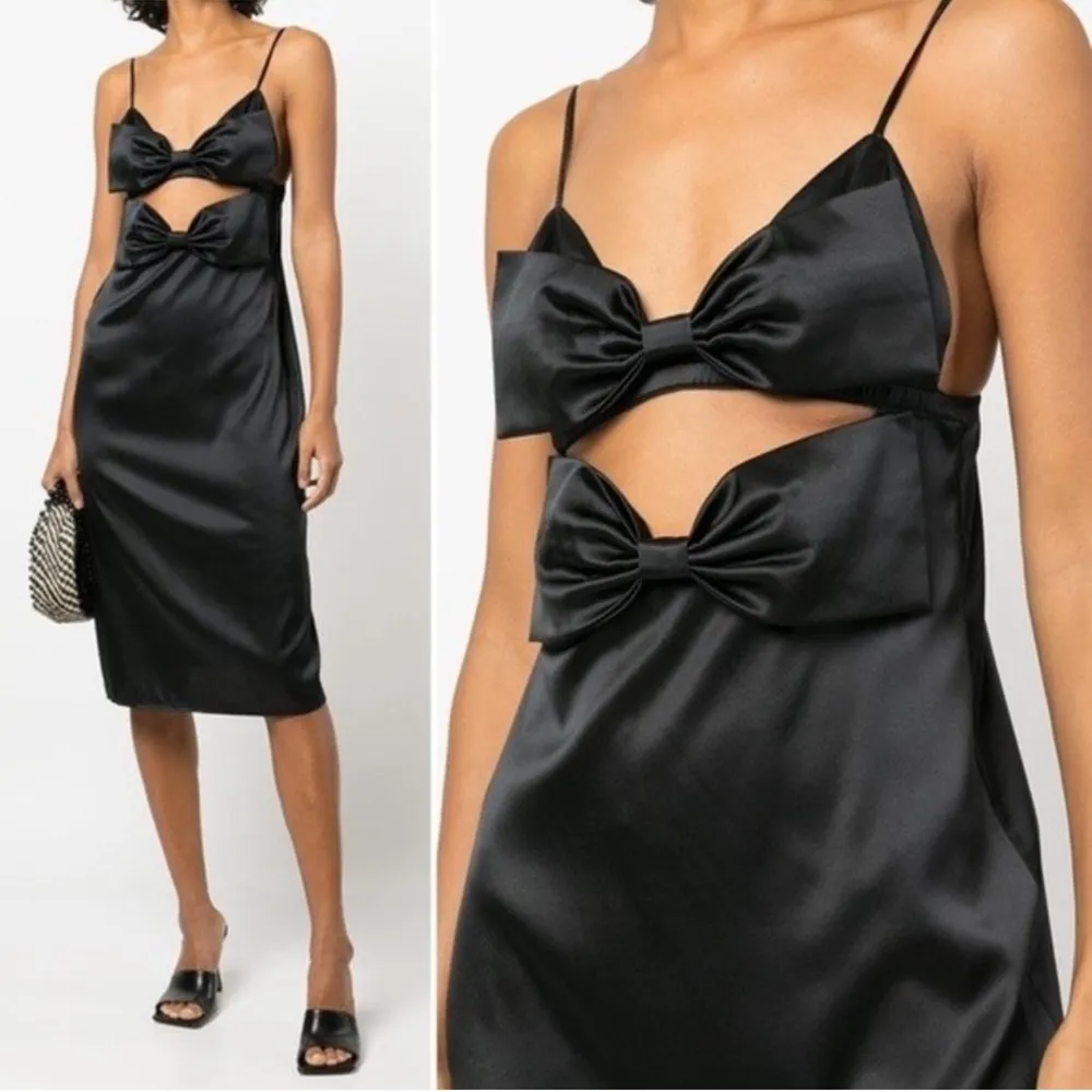 FLEUR DU MAL Black Satin Bow Silk Slip Dress Size M - Image 3