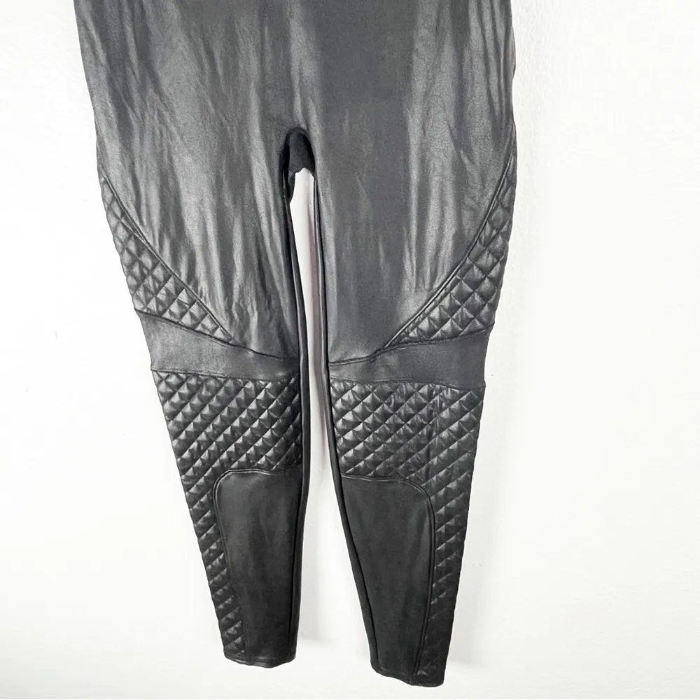 SPANX Black Faux Vegan High Rise Leather Moto Style Leggings, Size Large - Image 7
