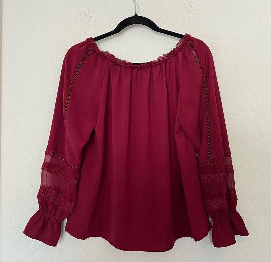 Ramy Brook Thea Off the Shoulder Long Sleeve Chiffon Blouse Top in Burgundy XS - Image 7