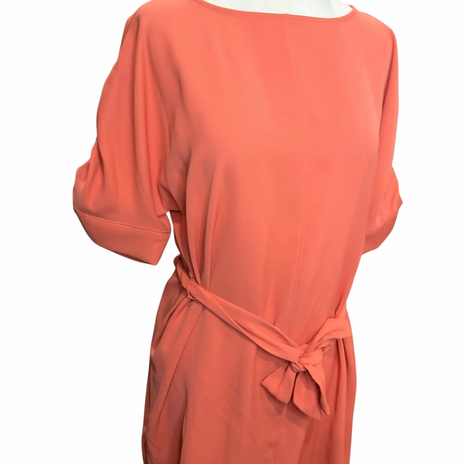 Worthington Dress Womens M Coral Ruched Sleeves Self Tie Belt Preppy Modest Chic - Image 4